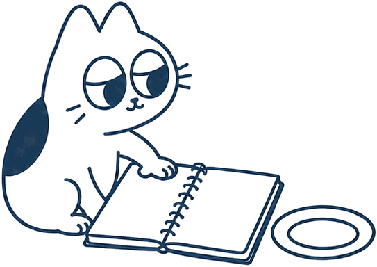 A line drawing of the cRawl cat with a notebook open, writing down what it ate
